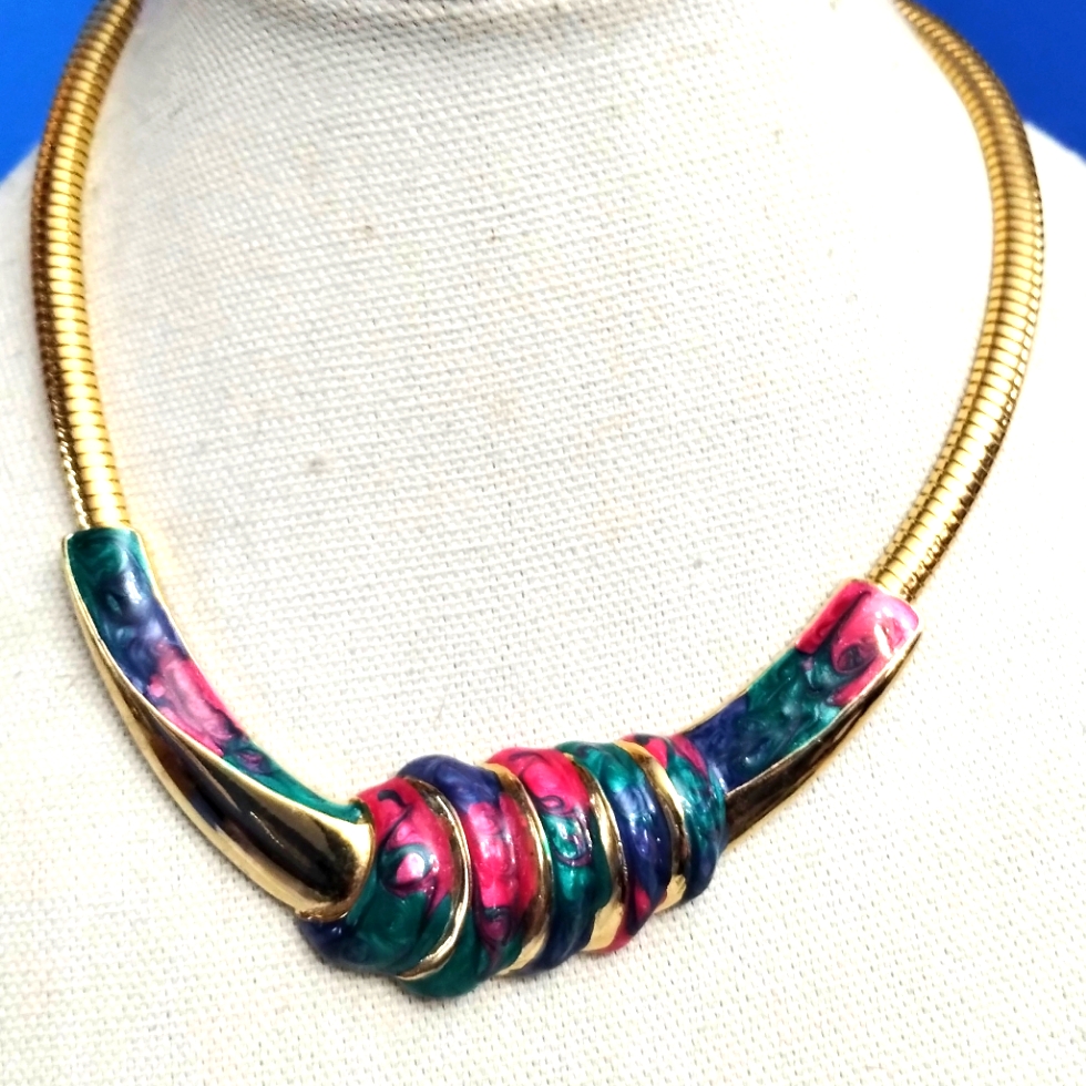 Vtg 1980s Don-Lin Colorful Enamel Swirl Statement Necklace
